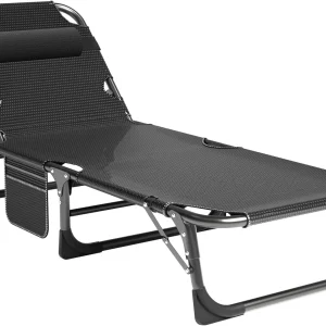 Slsy Folding Lounge Chair, 5-Position Adjustable Outdoor Reclining Chair, Folding Sleeping Bed Cot, Folding Chaise Lounge Chair for Pool Beach Patio Sunbathing