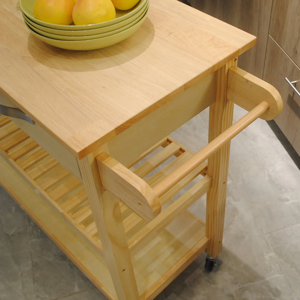 Visentor Kitchen Island Cart with Lockable Wheels, 3 Tier Rolling Utility Kitchen Storage Carts Table with 2 Drawers, 2 Shelves & Towel Rack, 45 Inch, Natural
