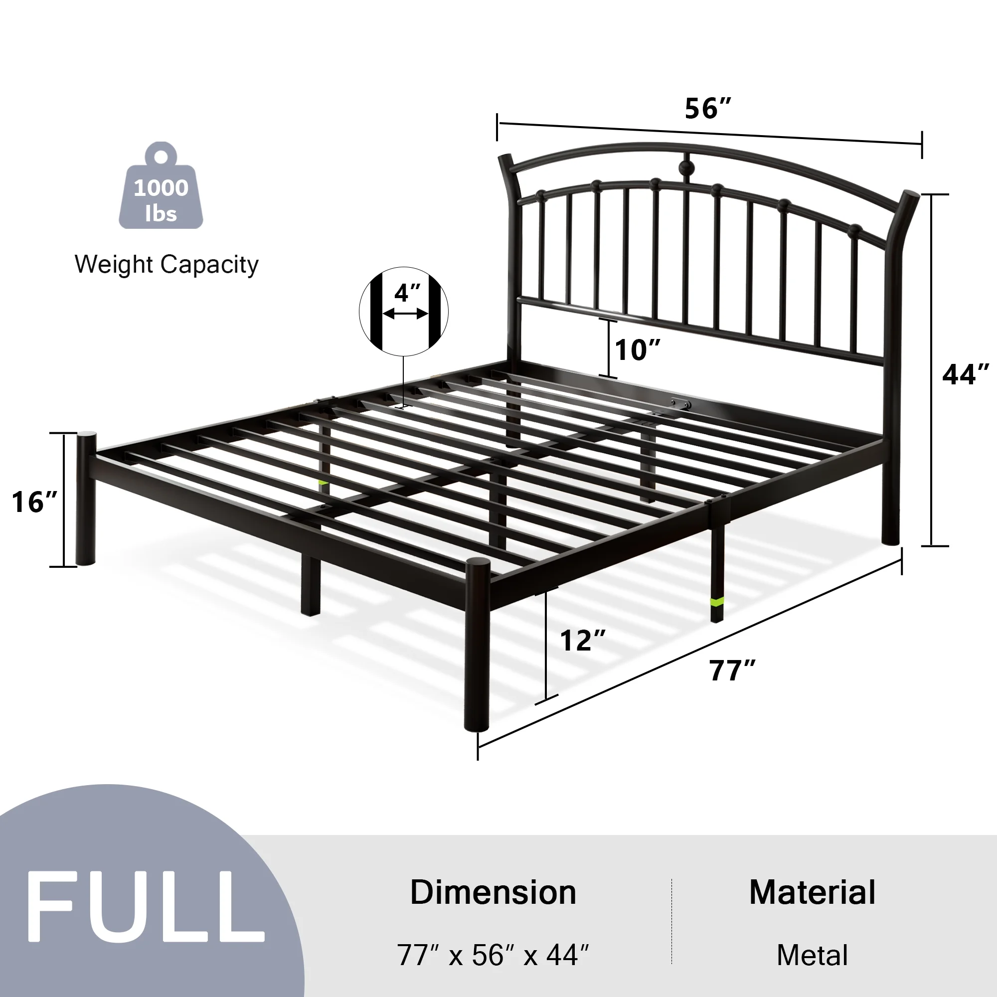 Virans Full Size Metal Platform Bed With Victorian Style Headboard, Heavy Duty Steel Slat Support, 12"Under Bed Storage,Easy Assembly, Black