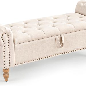 Furniliving Modern Storage Ottoman Bench, Sherpa Ottoman End of Bed Bench with Solid Wood Legs Upholstered Ottoman Benches with Storage Indoor Bench for Living Room with Rolled Arm, Entryway, White