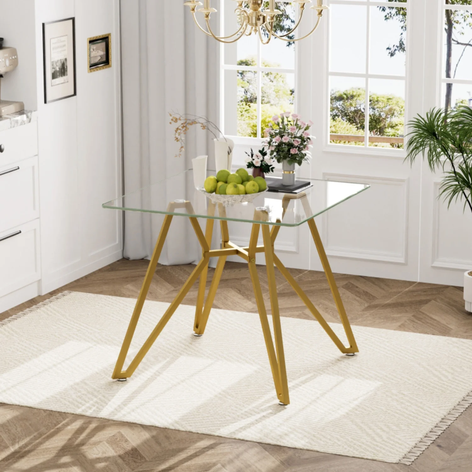 35.4 Inch Square Tempered Glass Dining Table Suitable For 2 To 4 People Space Saving Small Kitchen Dining Table Equipped With Sturdy Metal Table Legs Suitable For Dining Room Living Room Gold
