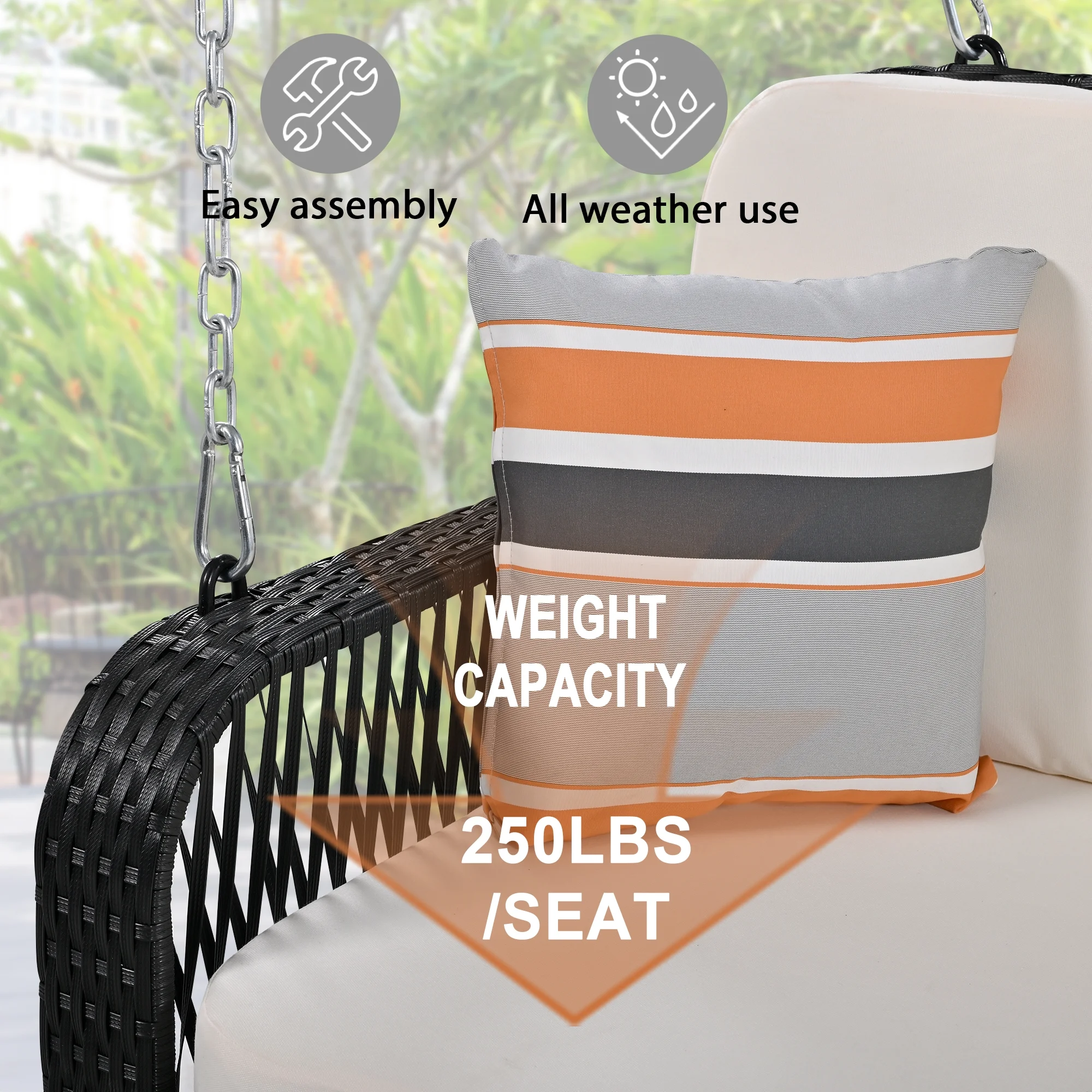 Harper & Bright Designs PE Ratten Porch Swing Chair, 2-Seater Hanging Swing Bench with Chains, All Weather Design Patio Furniture Swing for Backyard Garden Poolside, Grey and White