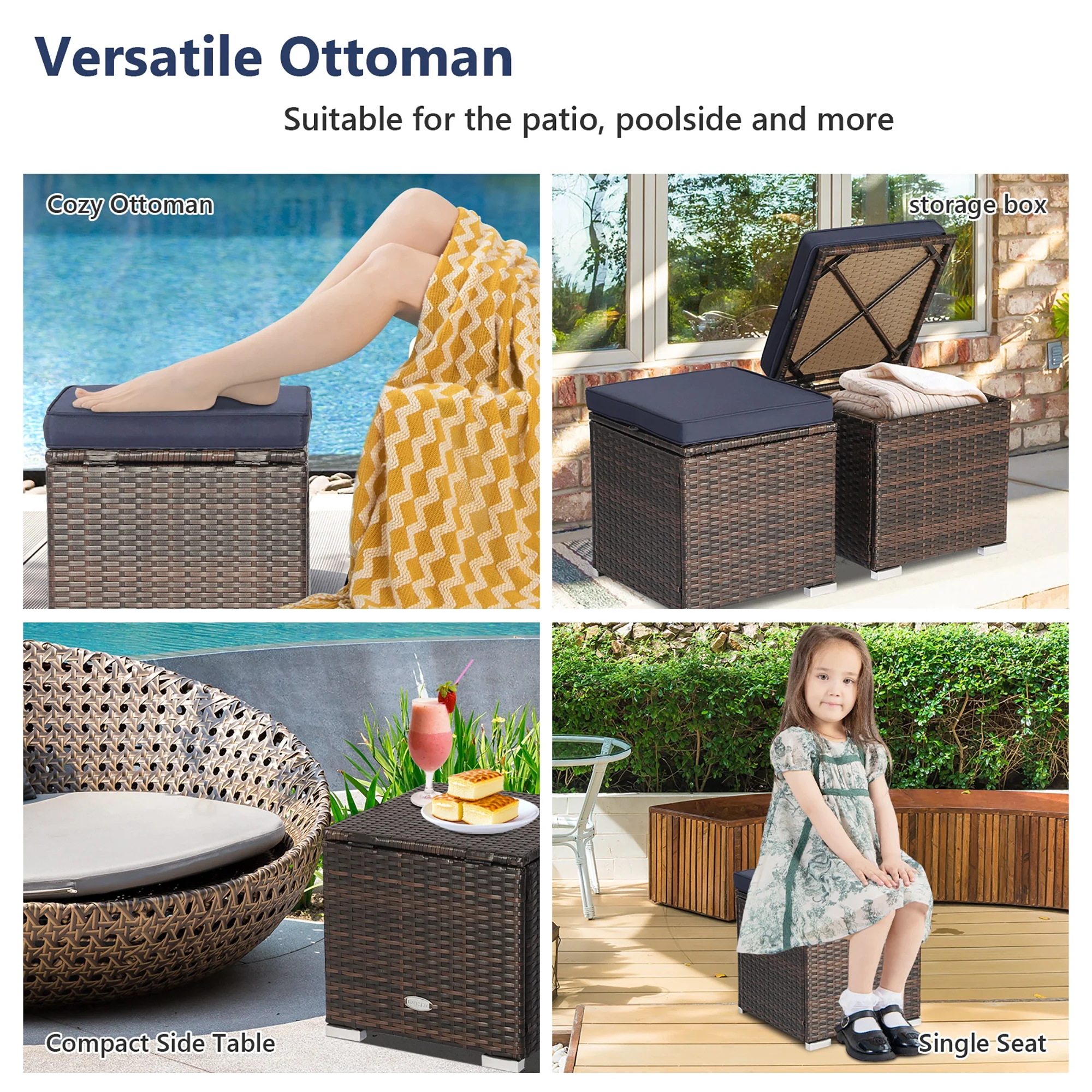 Costway 2PC Patio Rattan Ottoman Seat Side Table Storage Box Footrest Off White