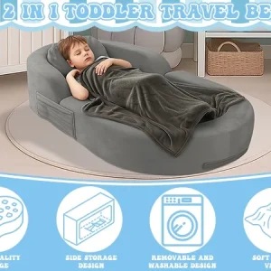 Coumy Toddler Travel Bed 2-in-1 Kids Sofa Chair with Removable Cover, Soft Foam Portable Foldable Toddler Bed for Travel with Carrying Bag, Blue