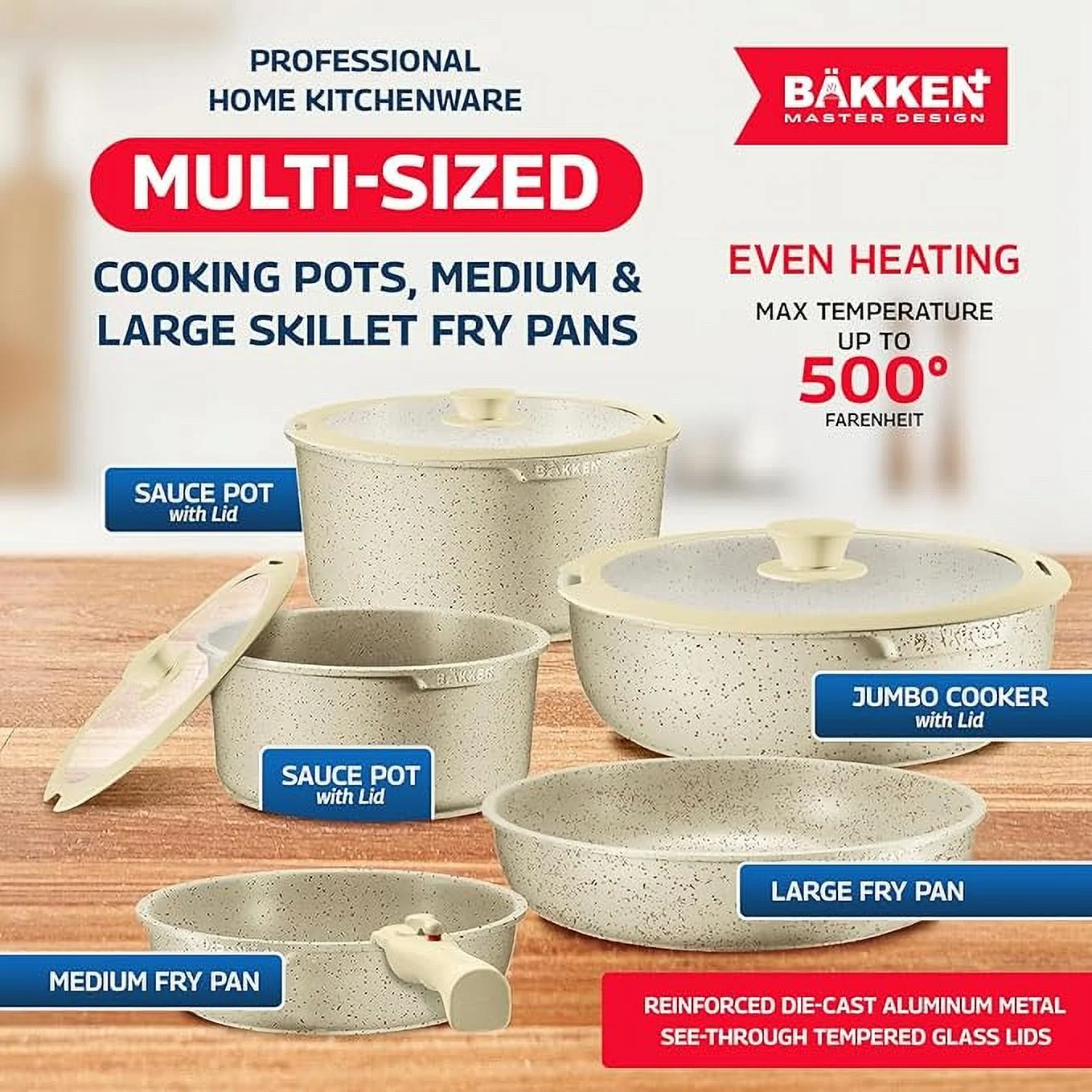 Bakken Master 38 Piece Granite Cookware and Bakeware Set -C Nonstick Granite Coating, Pots and Pans with Detachable Handles and Tempered Glass Lids, 6-piece Bakeware set, 12-piece Mixing Bowls,Brown