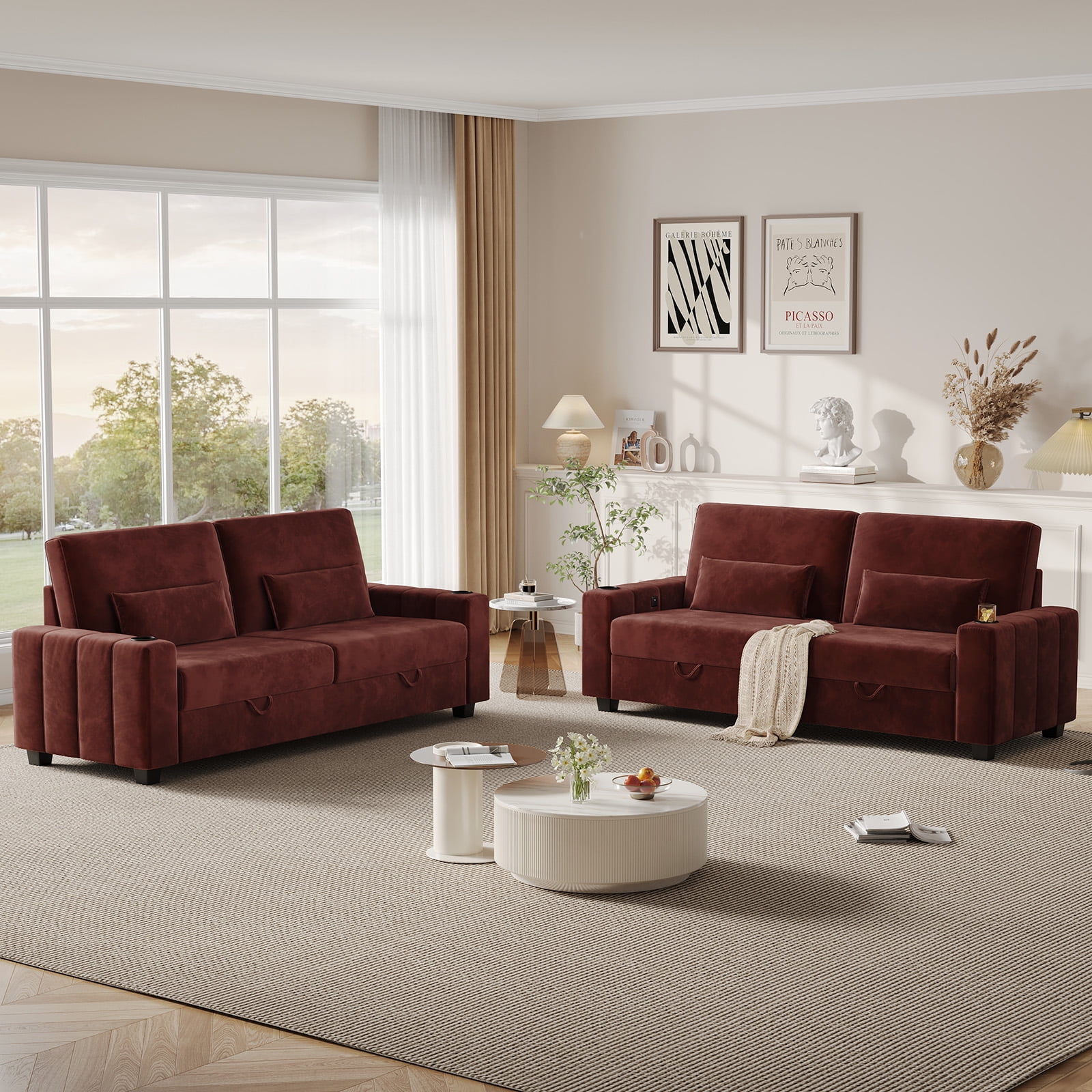 87-Large Loveseat Sofa, 3 Seater Couch with Storage, Velvet Fabric Deep Seat Sofa with Pillow& Cup Holders, Modern Comfy Sofa with USB& Type-C Ports, Home Sofa Couch for Living Room Bedroom