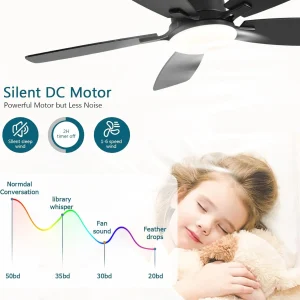 42 Inch Low Profile Ceiling Fans with Lights and Remote, Flush Mount Modern Ceiling Fan, 3 CC T DC Ceiling Fan for Bedroom, Living Room, Brushed Nickel