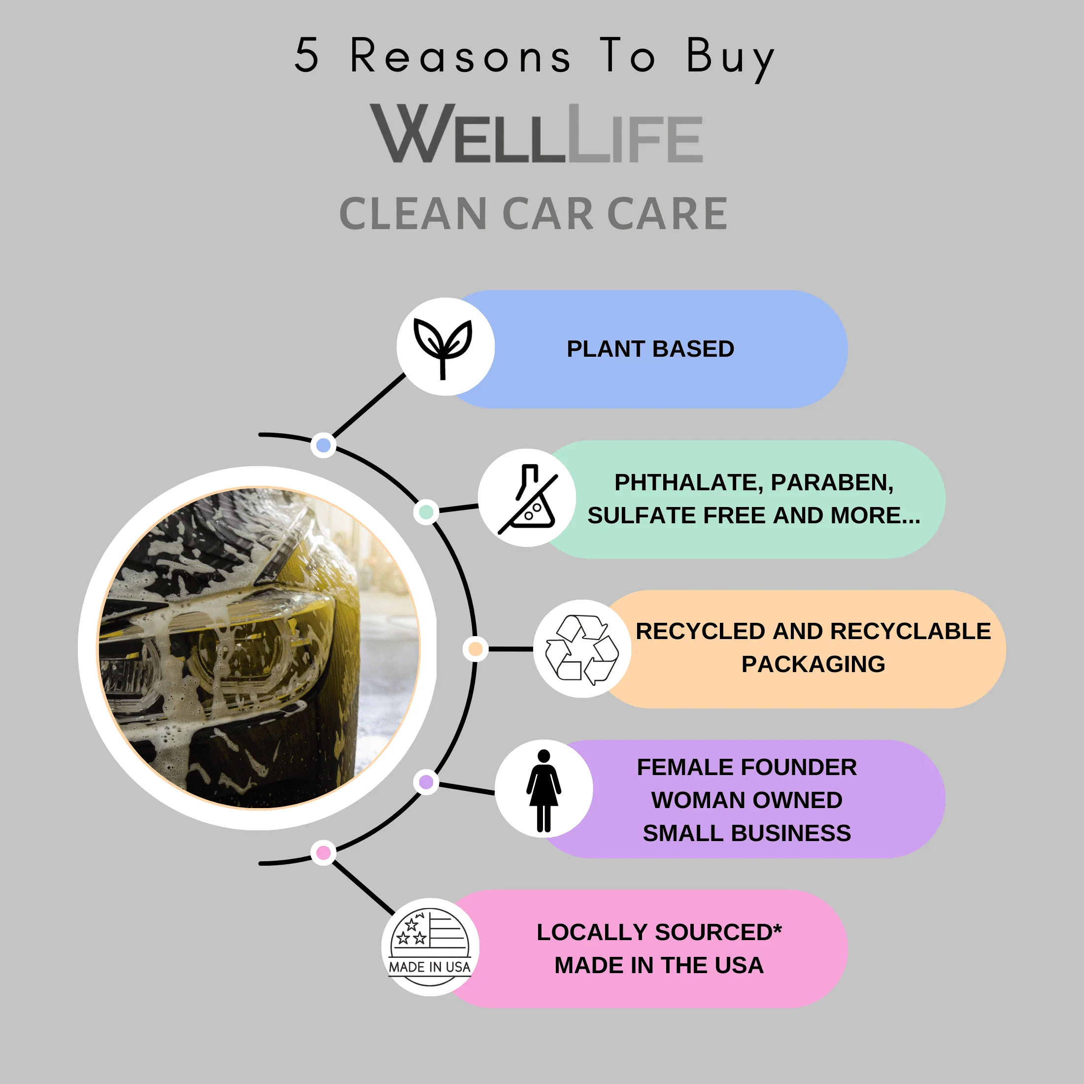 Well Life Clean Car Care - Vehicle Wash Shampoo - Plant Based Non-Toxic Cleaning Power - 16 Ounce
