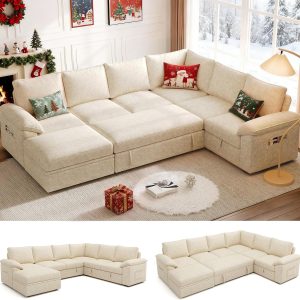 108 Inch Sectional Sleeper Sofa with Pull Out Bed, U Shaped 7 Seat Modular Sectional Sofa