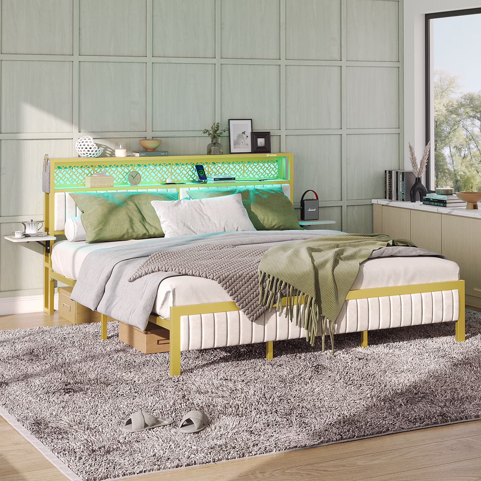 Bestier Queen Size Platform Bed Frame with Wood Foldable Bedside Shelves and LED Storage Headboard Charge Station, Gray
