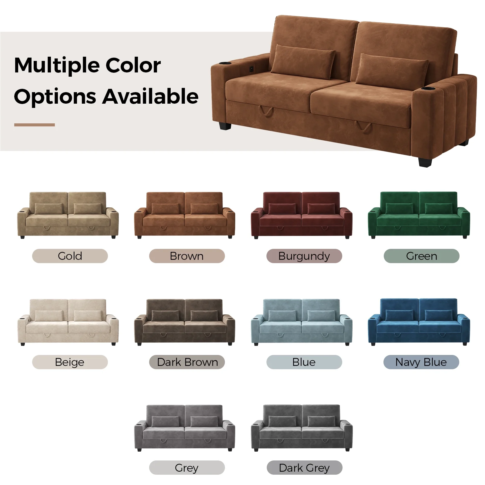 87-Large Loveseat Sofa, 3 Seater Couch with Storage, Velvet Fabric Deep Seat Sofa with Pillow& Cup Holders, Modern Comfy Sofa with USB& Type-C Ports, Home Sofa Couch for Living Room Bedroom