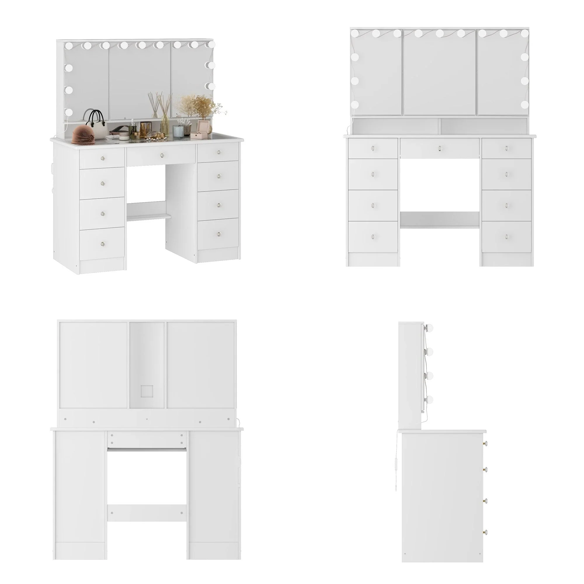 Makeup Vanity w/Tri-Fold Mirror Certified Lighting Glass Top Dresser