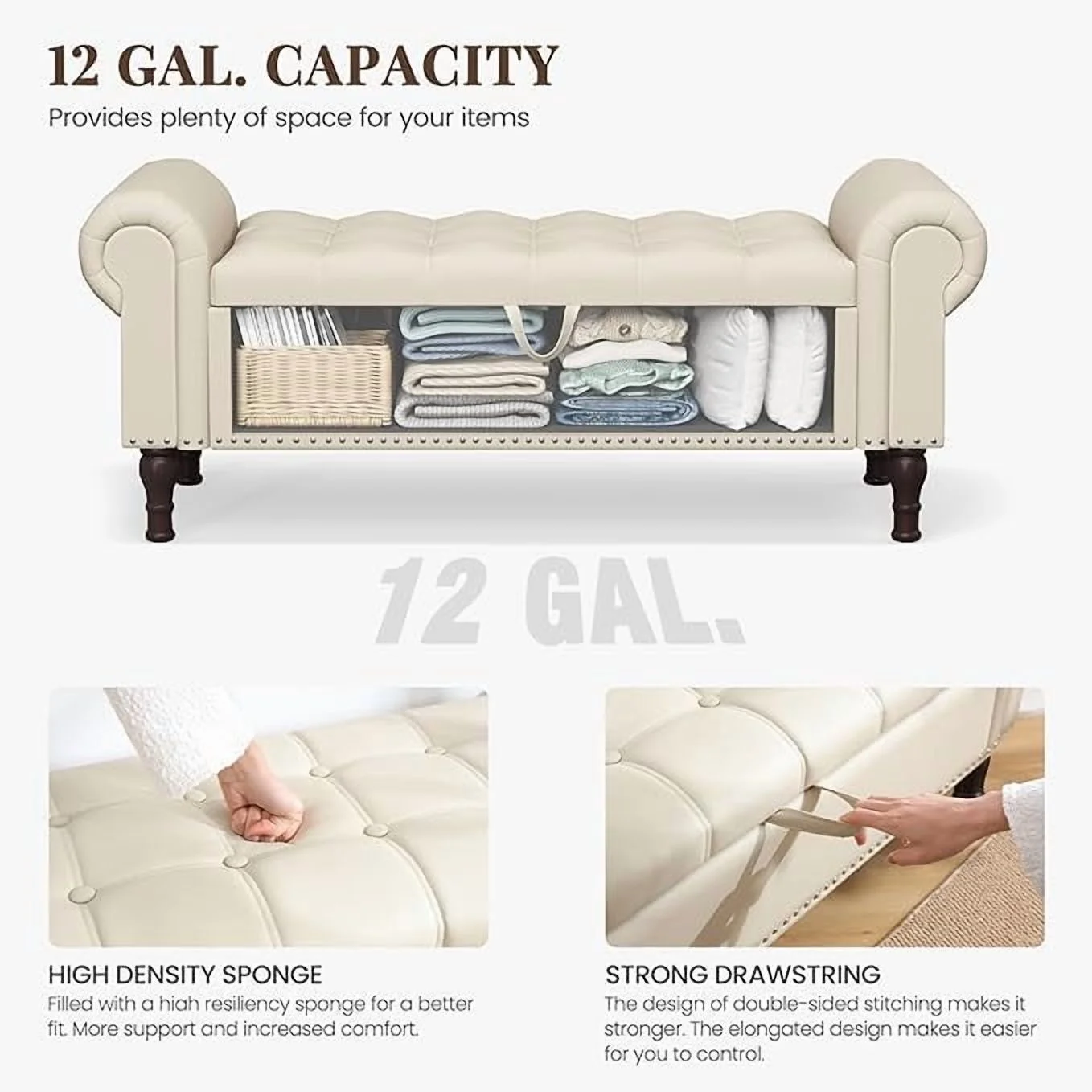 Gelloan Storage Ottoman Bench for Bedroom,Upholstered Bedroom Bench with Rolled Arms and Rivets, Storage Chest for Living Room,Grey,51 Inches