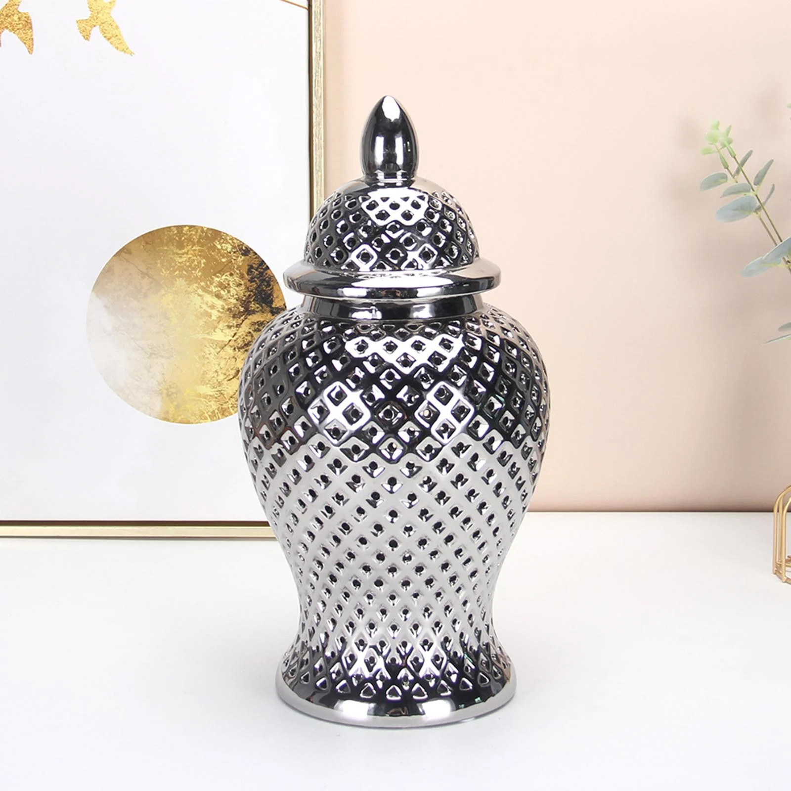 Vintage Style Ceramic Ginger Jar Dried Flower Vase Porcelain Storage Jar with