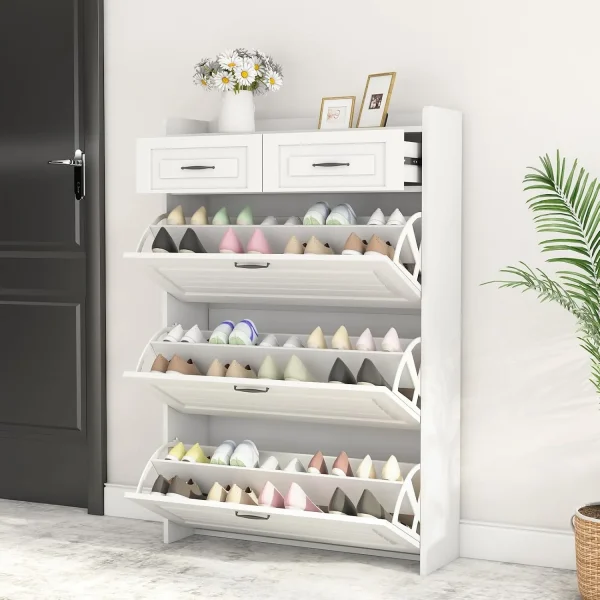 Shoe Cabinet with 3 Large Flip Drawers & 2 Storage Drawers, Narrow Shoe Organizer Cabinet Fits