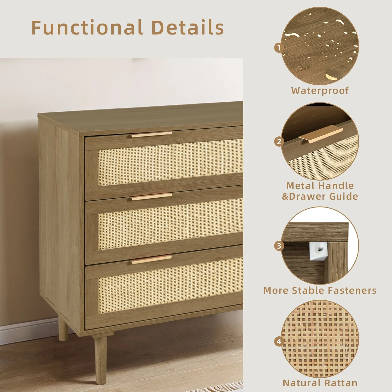 LAZZO 3 Modern Drawer Dresser Rattan, Wooden Dresser Chest of Large Storage Cabinet