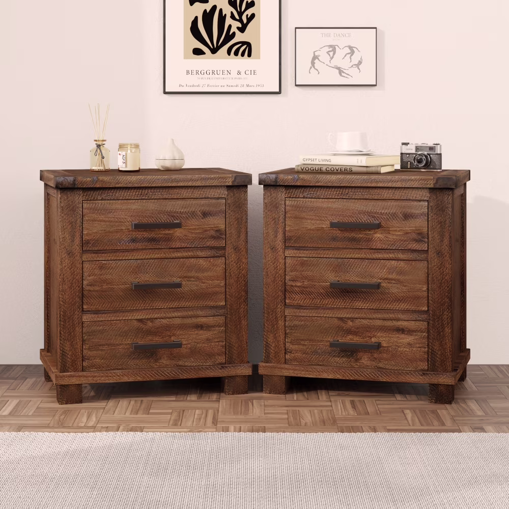 Tcbosik End Tables Set of 2, Wooden Night Stand with 3 Storage Drawers, Side Table for Small Space, Easy Assembly, Natural