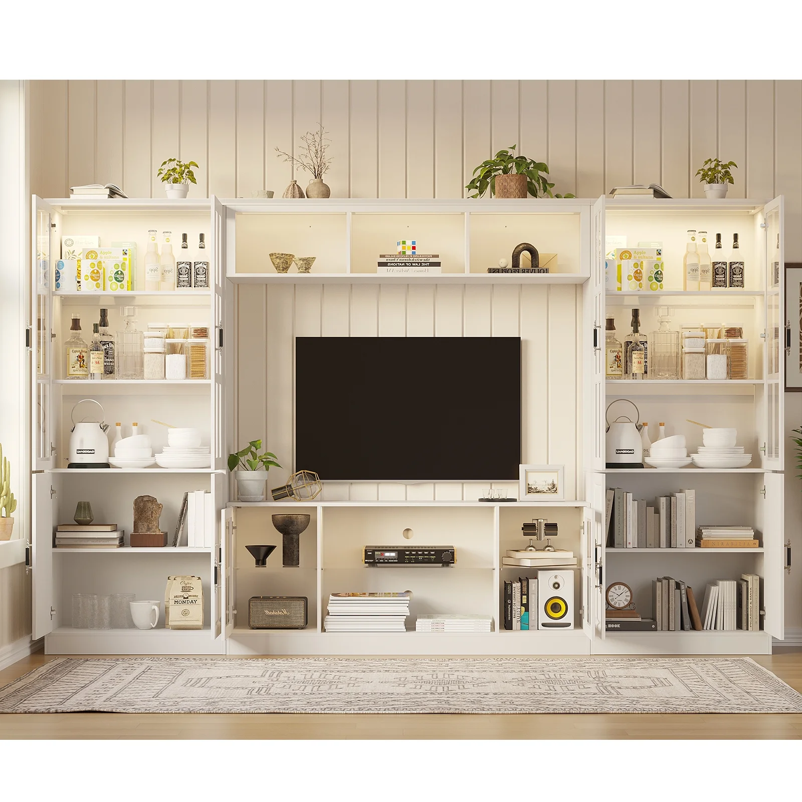 MEISSALIVVE 4-Piece Wall Unit TV Stand with Storage & LED Lights for TVs up to 75", Modern Entertainment Center with Bookshelves & 8-Door Pantry Cabinet, Gray