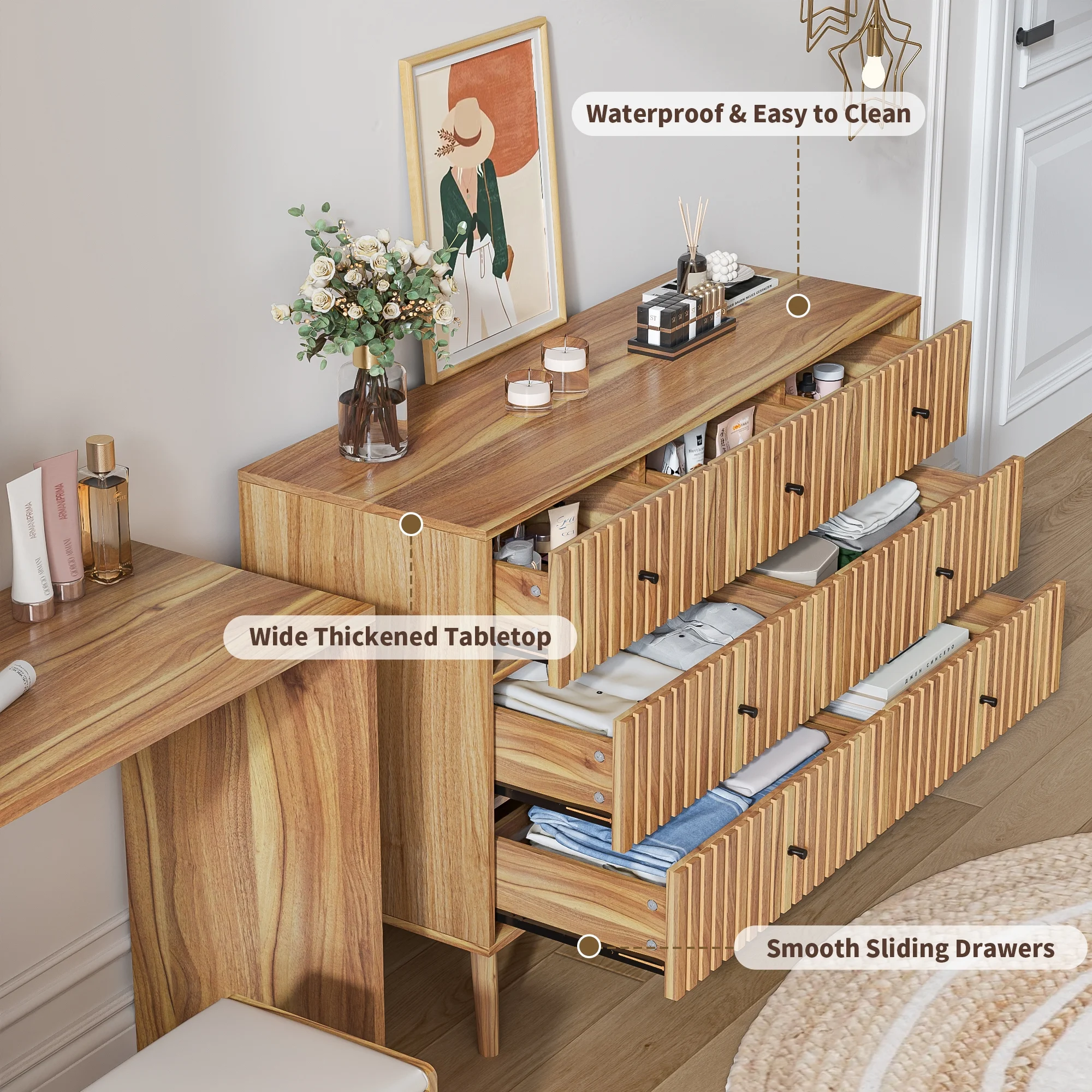 Oubayajia 7 Drawer Double Dresser, Fluted Chest of Drawers, Wood Storage Cabinet for Bedroom, Living Room, Hallway, Walnut