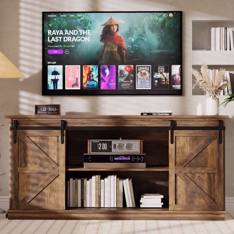 Furmax 65 inch TV Stand Entertainment Center with Sliding Barn Doors and Storage,White
