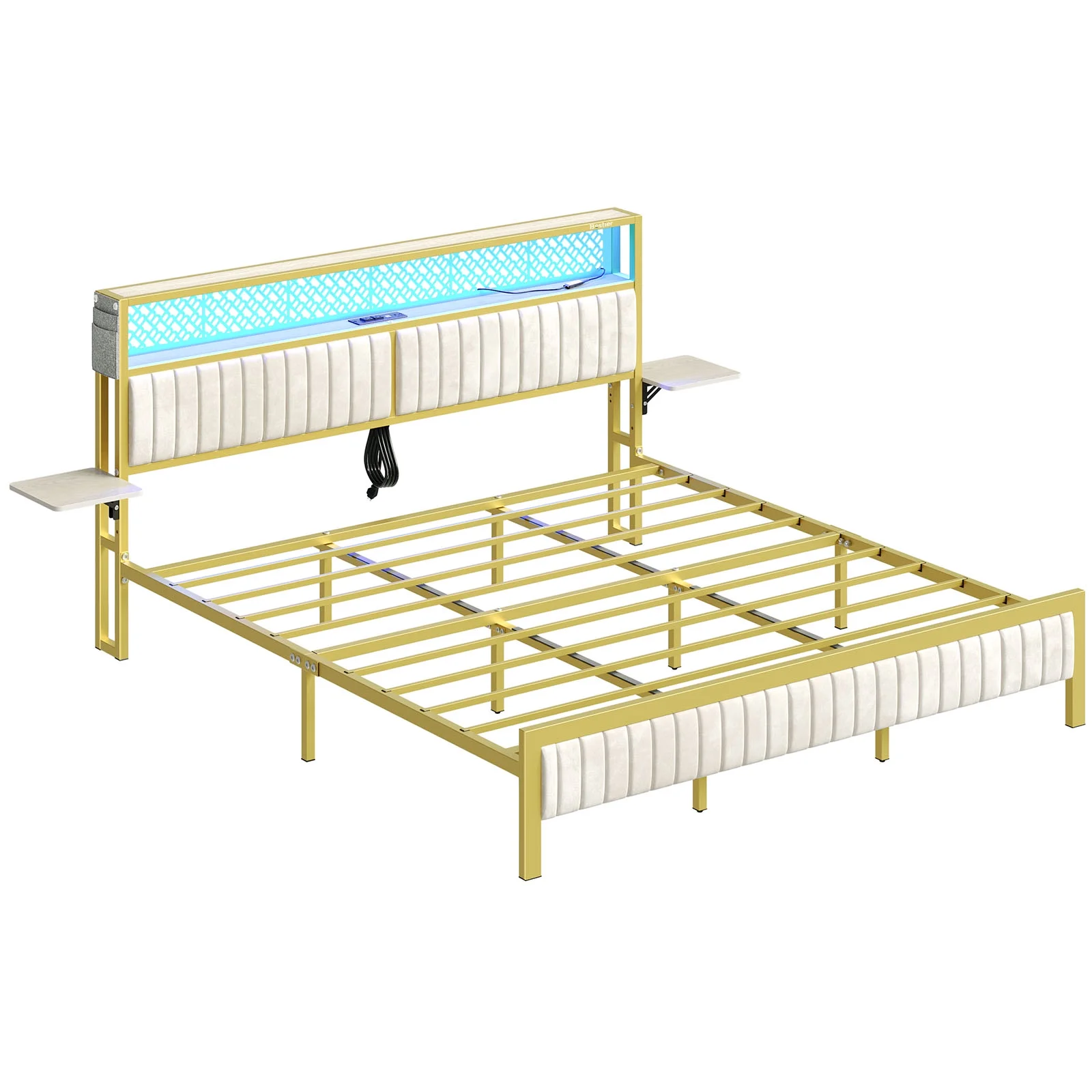 Bestier Queen Size Platform Bed Frame with Wood Foldable Bedside Shelves and LED Storage Headboard Charge Station, Gray