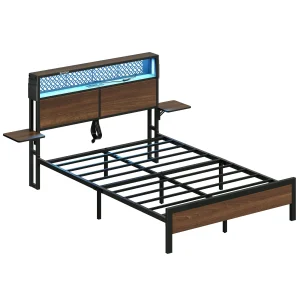 Bestier Queen Size Platform Bed Frame with Wood Foldable Bedside Shelves and LED Storage Headboard Charge Station, Gray
