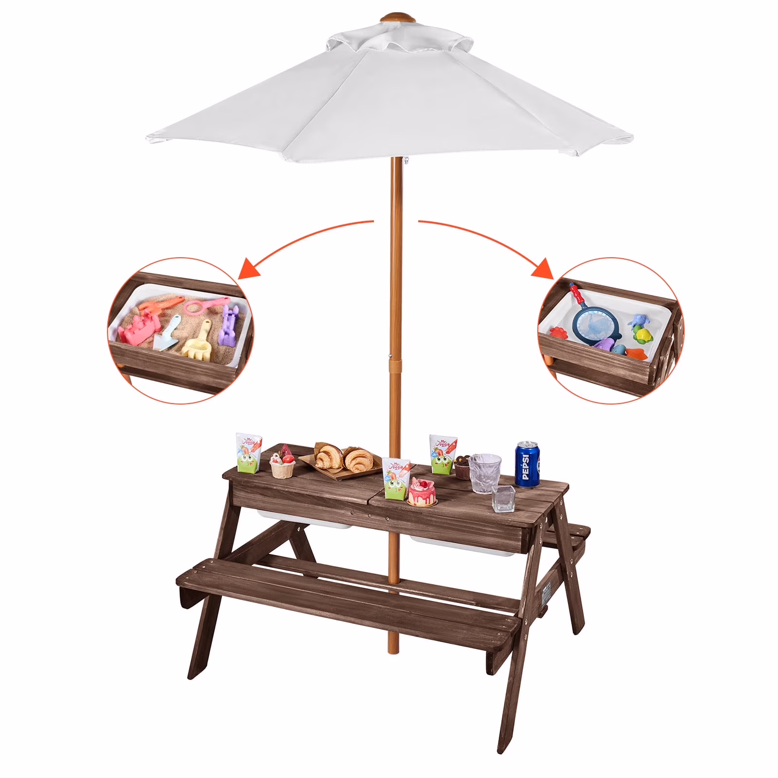 VEVOR Kids Picnic Table with Umbrella, 3-in-1 Sand & Water Table, Outdoor Wooden Table and Bench Set with 2 Trays, 4-People Patio Dining Furniture for Garden, Backyard and Porch (Walnut)