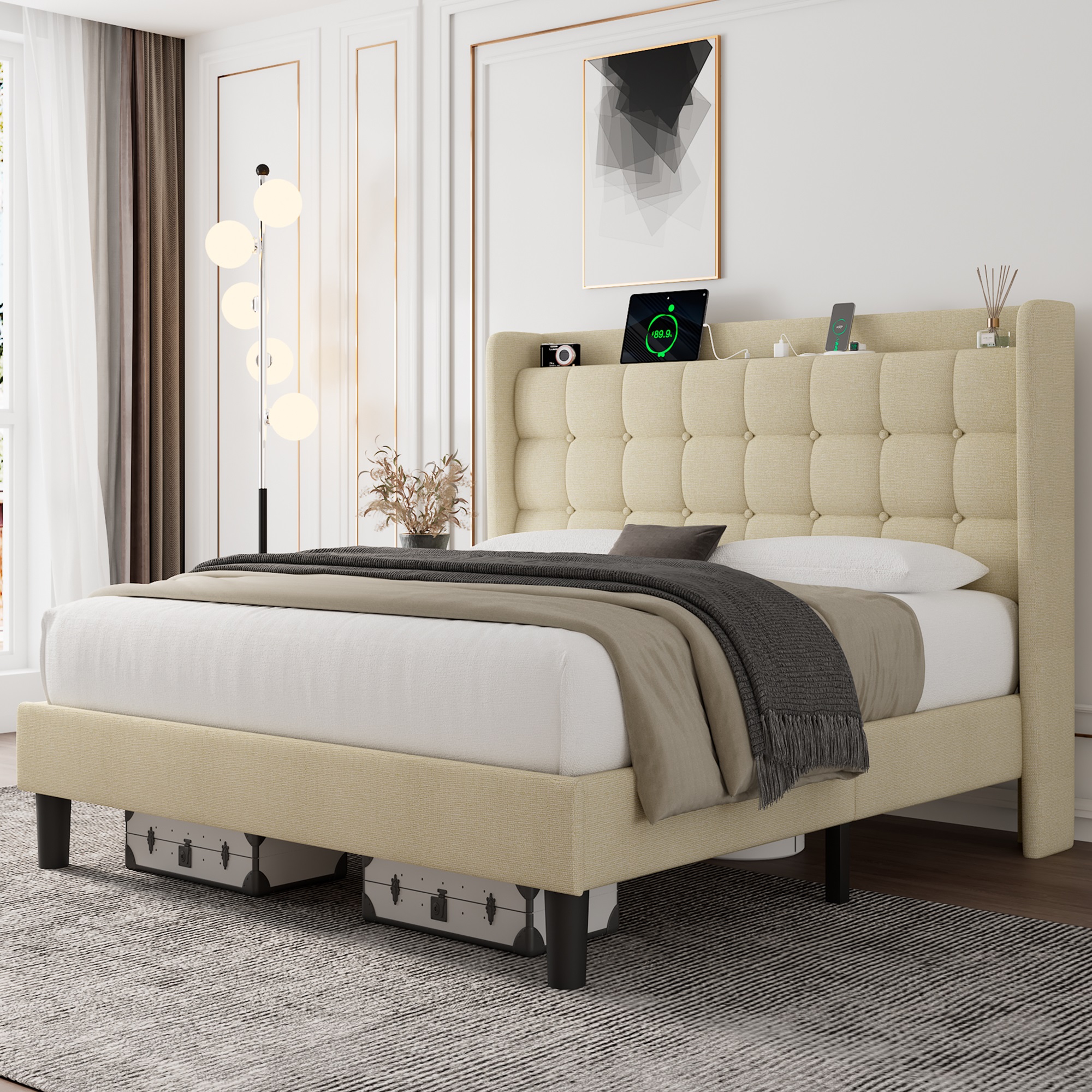 ipormis Full Size Bed Frame with Charging Station-Upholstered Platform Bed Frame with Wingback Storage Headboard, No Box Spring Needed,Light Grey