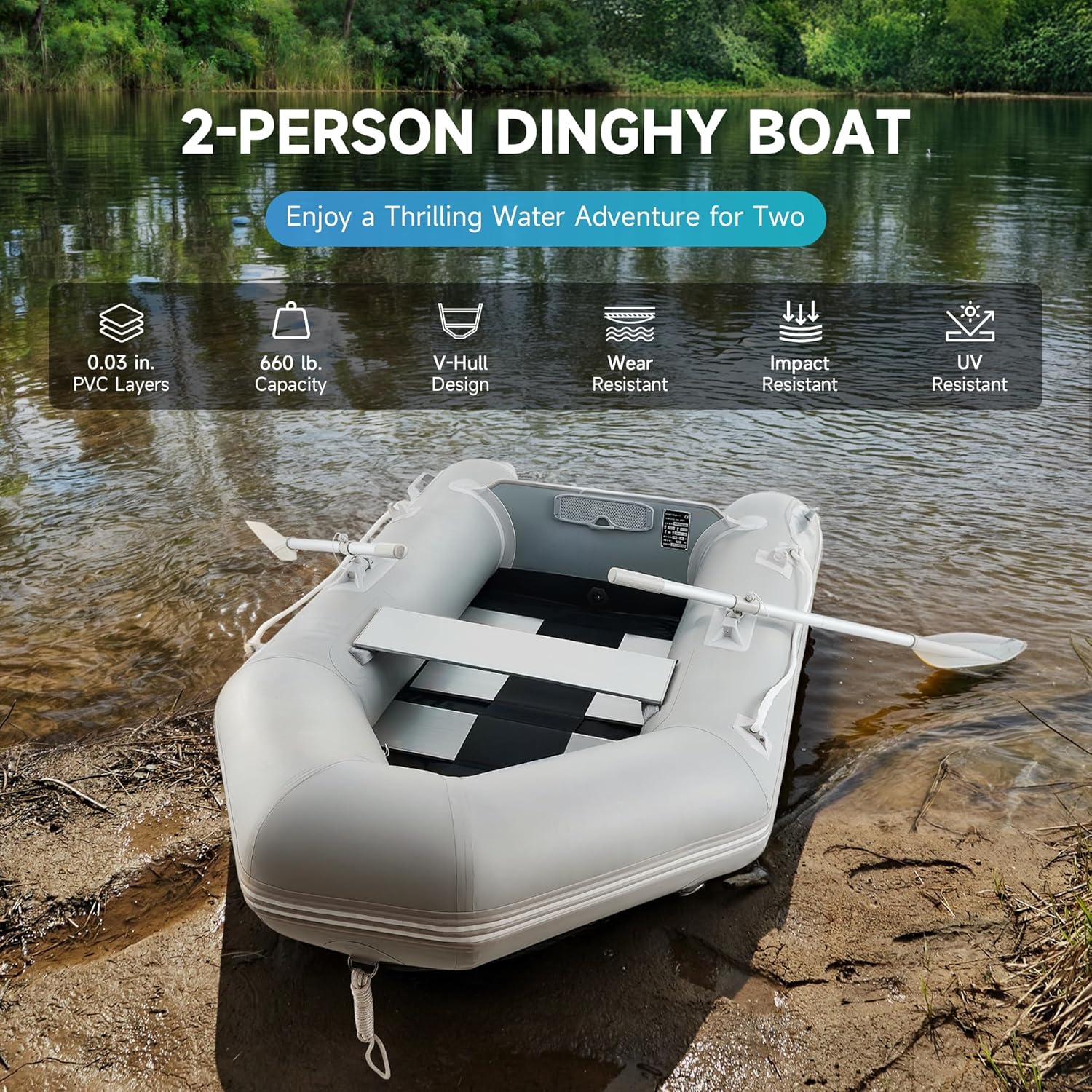 CREWORKS 7.5ft Inflatable Dinghy Boat, 2 Person 660lb Transom Sport Tender Boat with Pump Aluminum Oars Floor, Heavy Duty Inflatable Raft Kayak for Adults