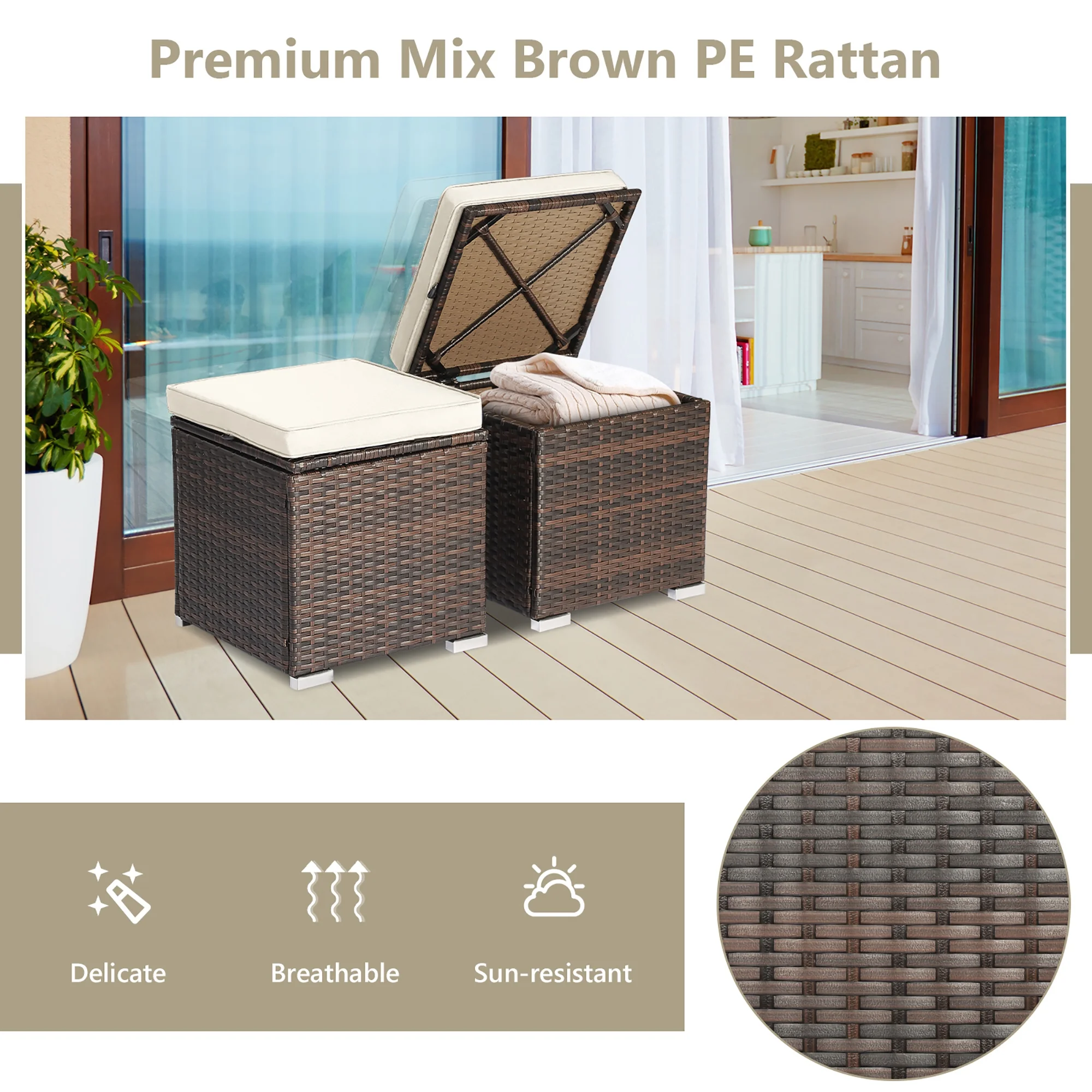 Costway 2PC Patio Rattan Ottoman Seat Side Table Storage Box Footrest Off White