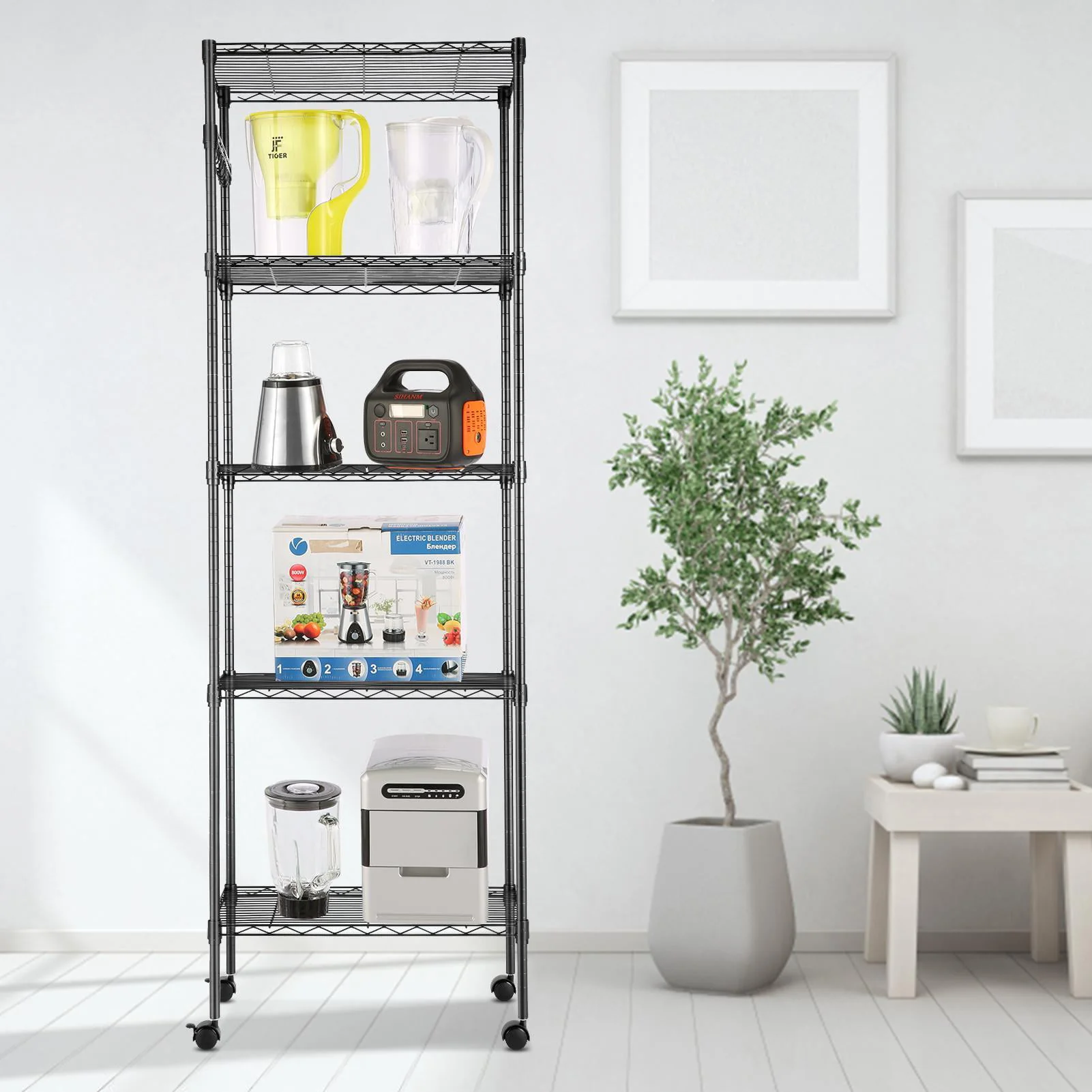 5-Tier 600 lbs Carrying Capacity Wire Shelf 72" Steel Shelf Tier Height Adjustable Metal Racks with 4 Wheels & 4 Hooks for Garage Kitchen Storage Organizer Shelving Unit