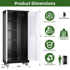 GangMei 71-Inch Metal Lockable Storage Cabinet with Pegboards and 5 adjustable shelves, White, Assembly Required