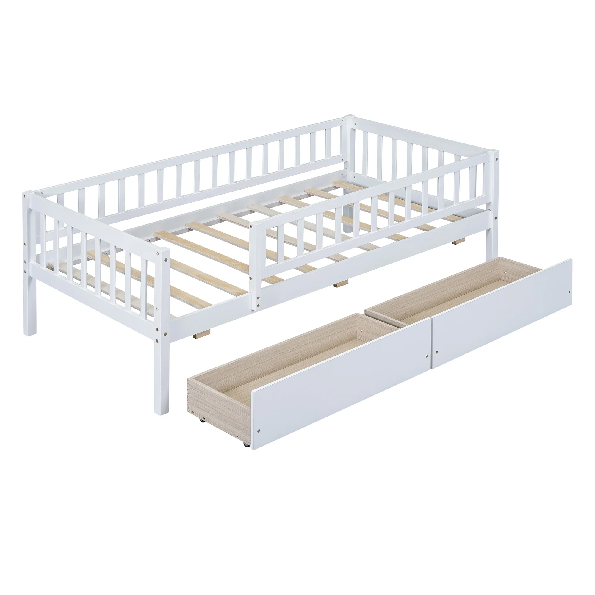 Holaki Twin Size Wood Bed with Guardrails and 2 Storage Drawers for Kids, Gray