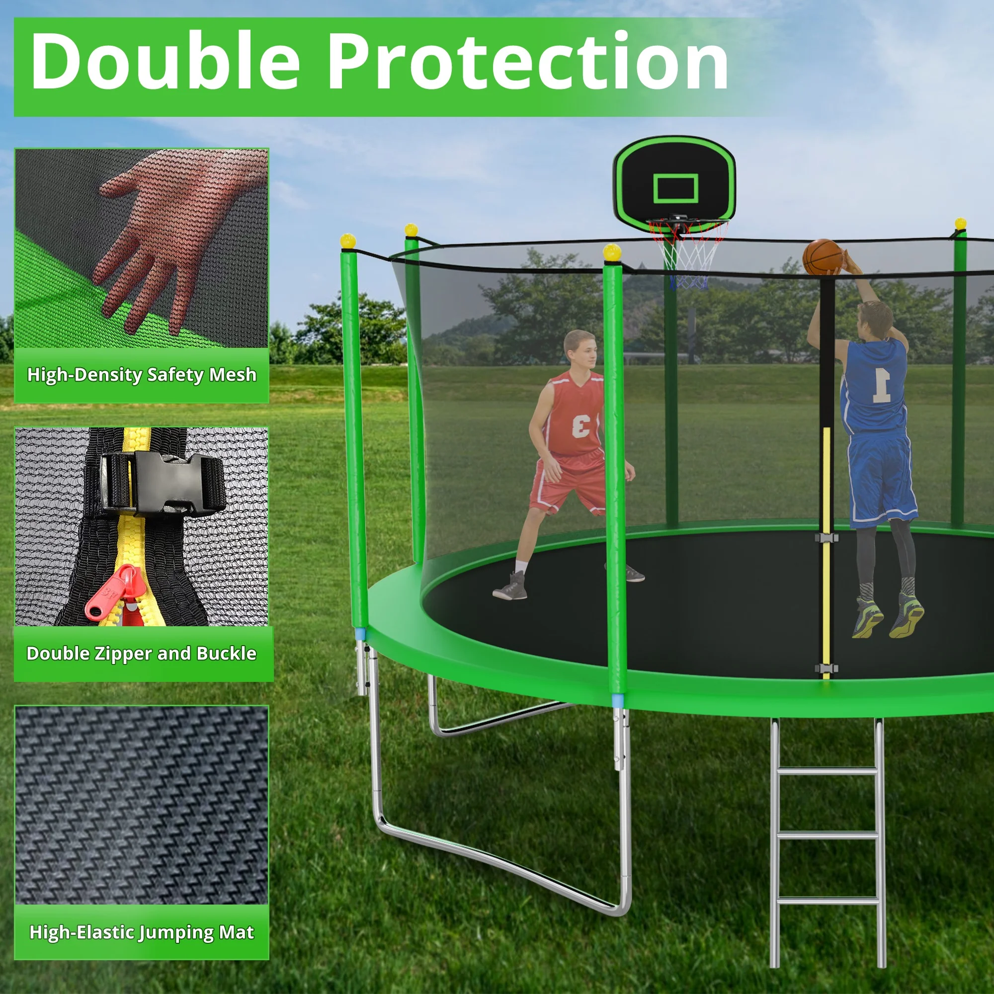CITYLE 12FT Trampoline for Adults and Kids, No-Gap Design Heavy-Duty Outdoor Trampoline with Enclosure Net, Basketball Hoop, Lights, Wind Stakes, Christmas Birthday Gift