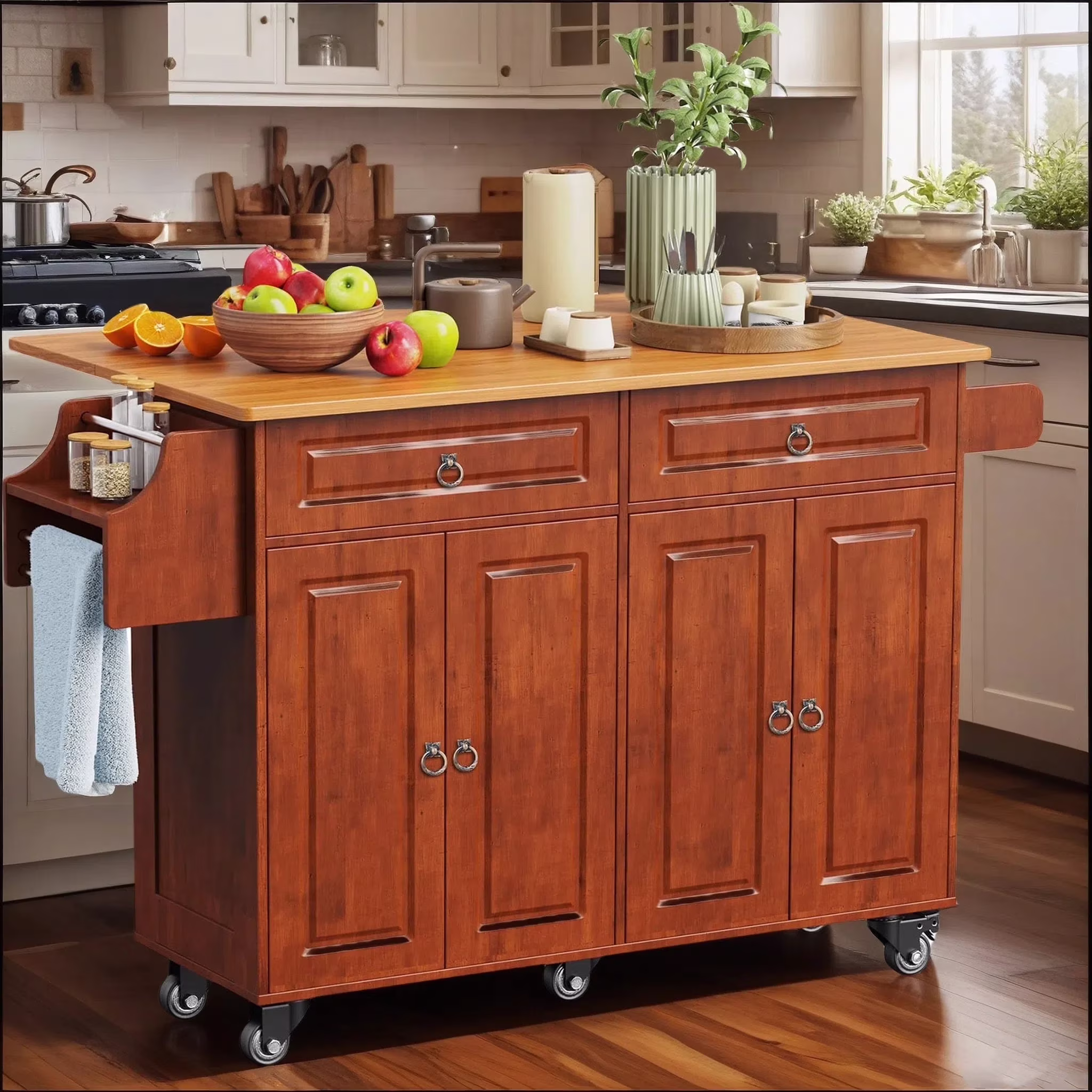 Lofka 52-Inch Kitchen Island with Storage on Wheels with Wood Drop Leaf, Ideal for Small Kitchens