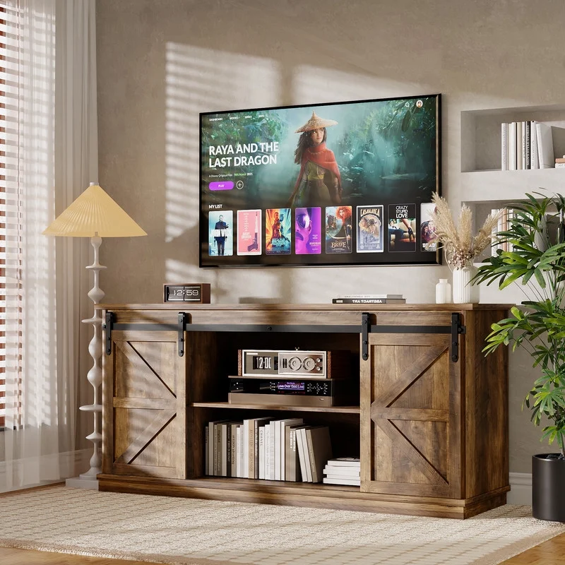 Furmax 65 inch TV Stand Entertainment Center with Sliding Barn Doors and Storage,White