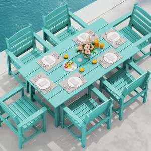 SERWALL 7-Piece Patio Table Set, Outdoor HDPE Dining Furniture with Umbrella Hole, All Weather Table and Chairs for Lawn, Garden, Poolside, Aruba