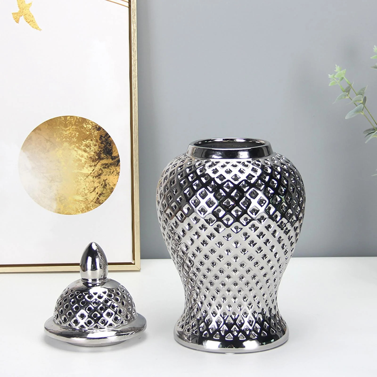 Vintage Style Ceramic Ginger Jar Dried Flower Vase Porcelain Storage Jar with