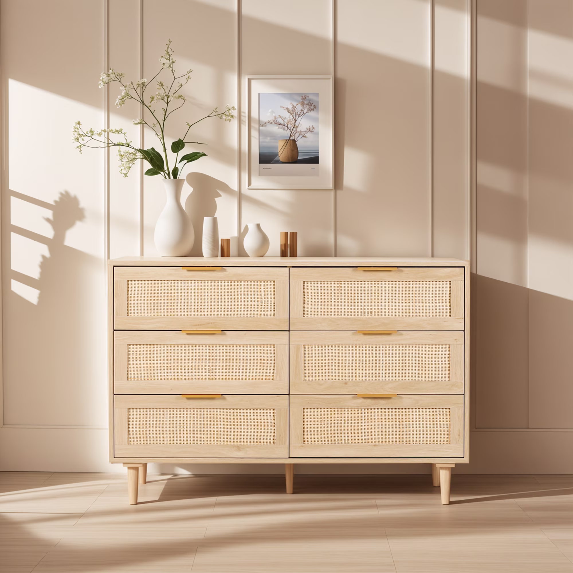 LAZZO 3 Modern Drawer Dresser Rattan, Wooden Dresser Chest of Large Storage Cabinet