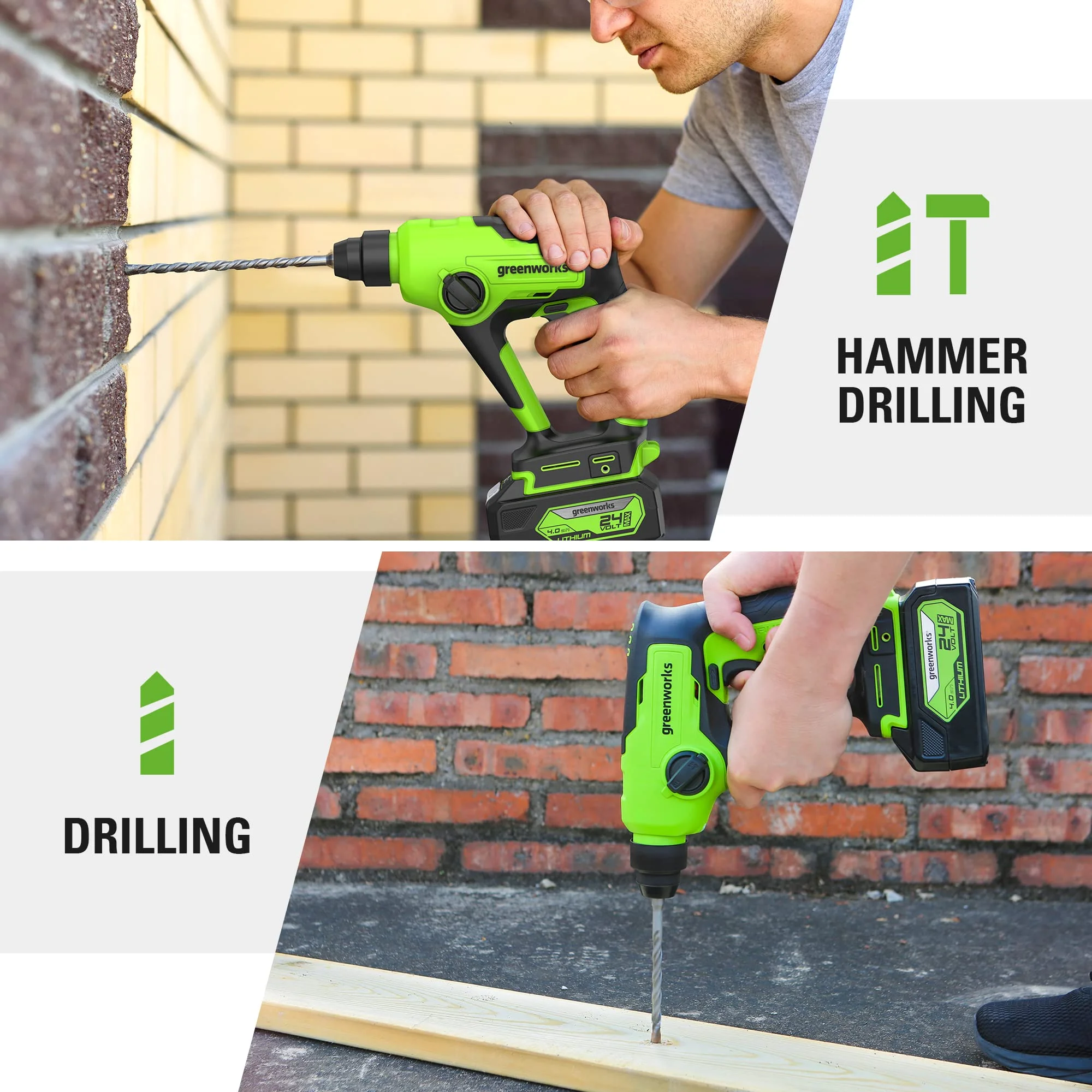Greenworks 24V Cordless SDS 1.2J Heavy Duty Rotary Hammer Drill, 4Ah Battery and Charger Included