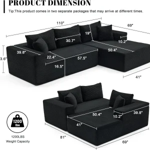 110 Cloud Sectional Couch, Boneless Sofa for Living Room Modular Sectional Sofa with Deep Seat