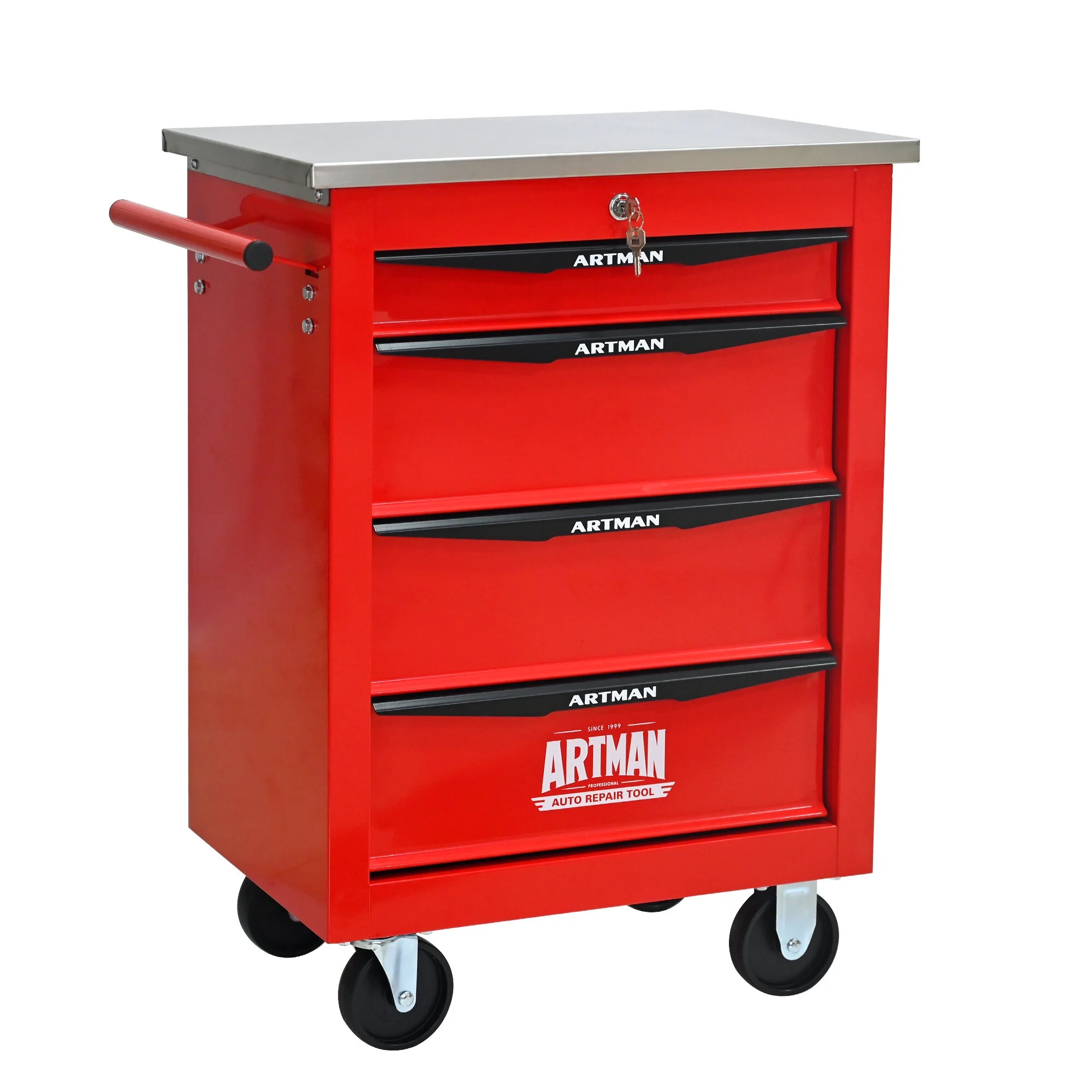 Tool Cabinets 4 Drawers Multifunctional Tool Cart with Wheels,Metal Rolling Tool Cart Storage for Garage Workshop Warehouse Repair Shop--With Stainless Steel Roof- Red&Black,Garage Tool Cabinets