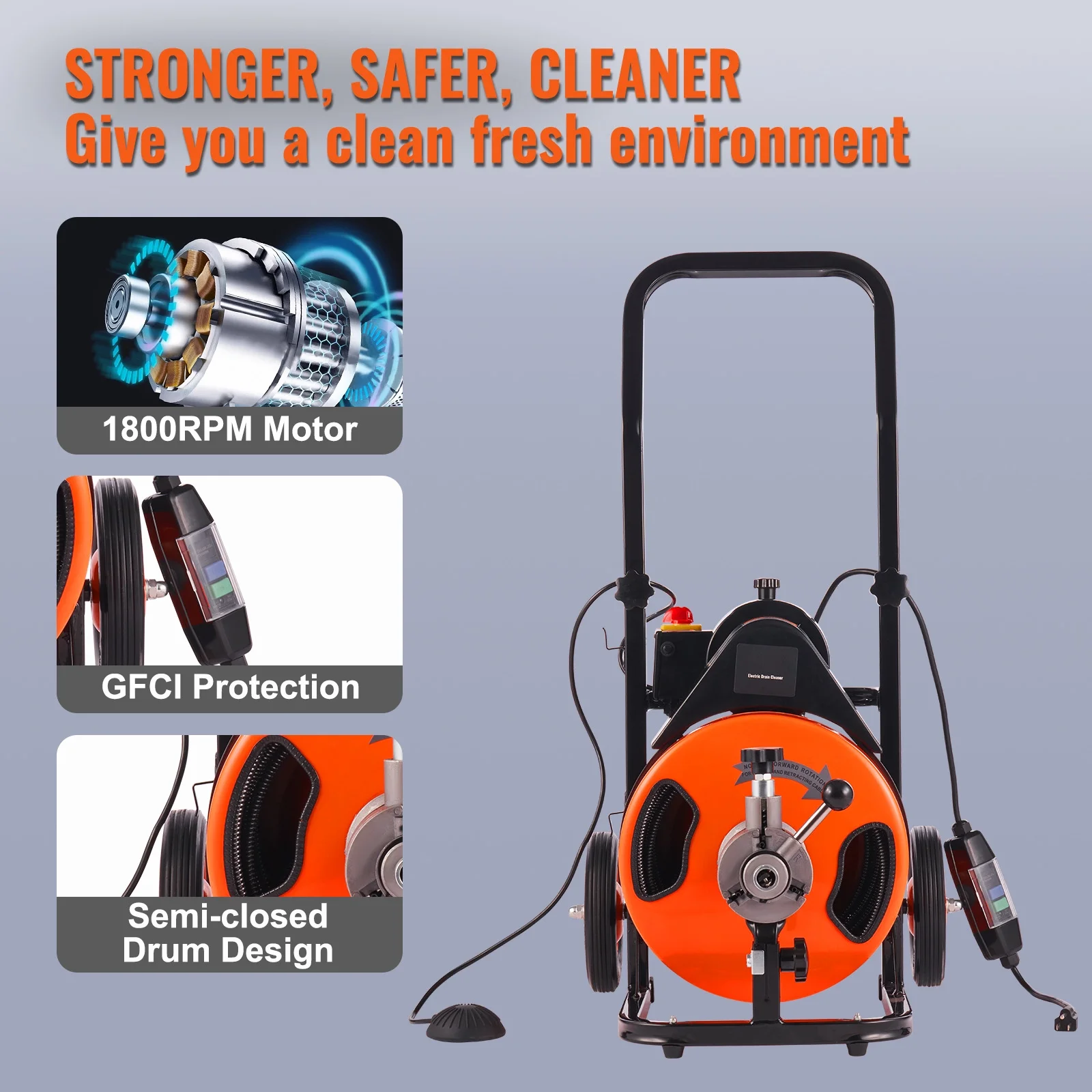 BENTISM Drain Cleaning Machine 75 ft x 3/8 in Electric Drain Auger Drain Cleaner Machine Auto Feed