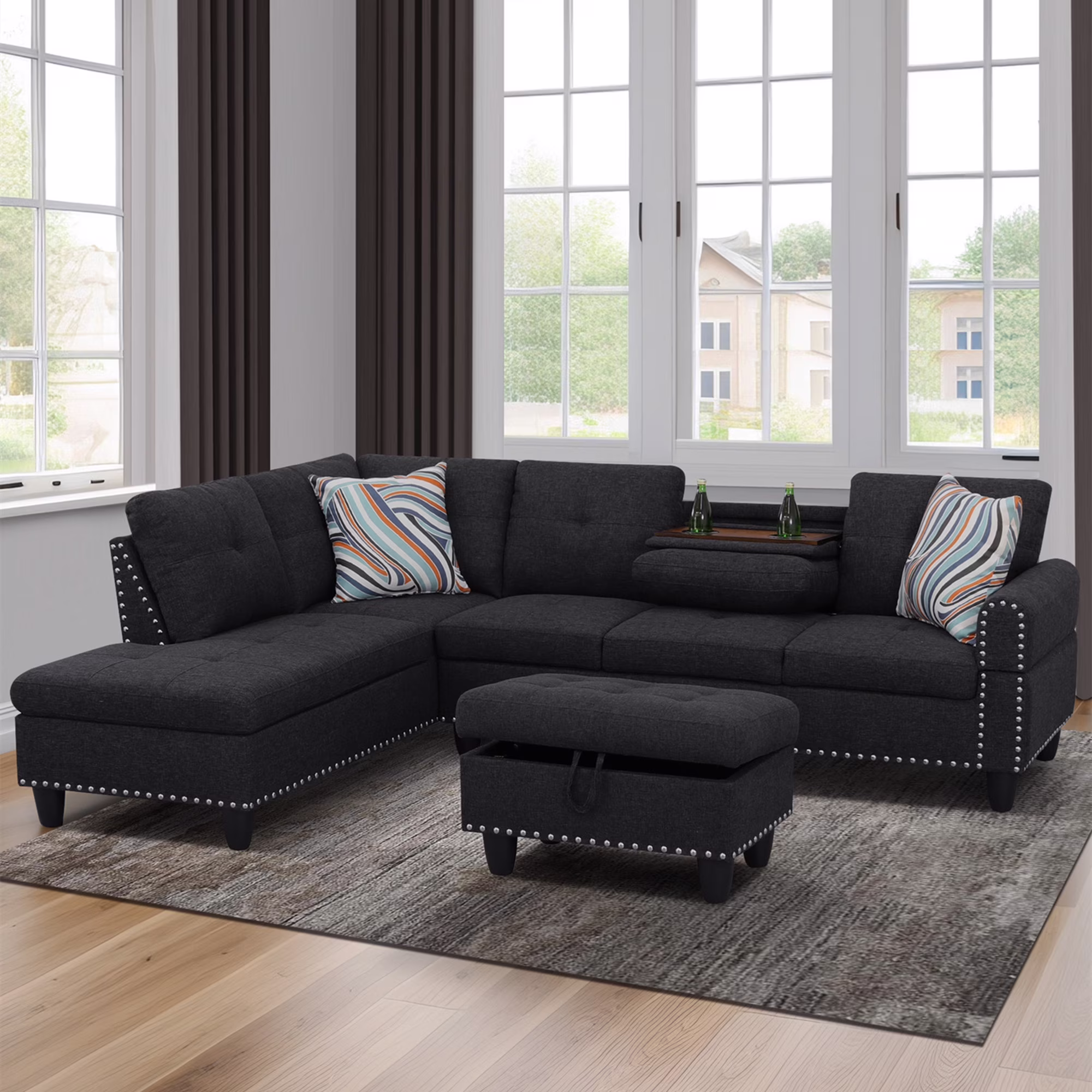 Aukfa 3 Piece Sectional Sofa, Living Room Couch with Storage Ottoman&Cup Holder, Linen, Right Hand, Purple