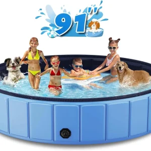 Foldable Dog Swimming Pool, 120"x20" Oversize Collapsable Hard Plastic Potable Bathing Tub for Pet Dog Kiddie Pool Indoor and Outdoor Leakproof PVC Play Pool for Large Dogs Pets Puppy Kids Blue