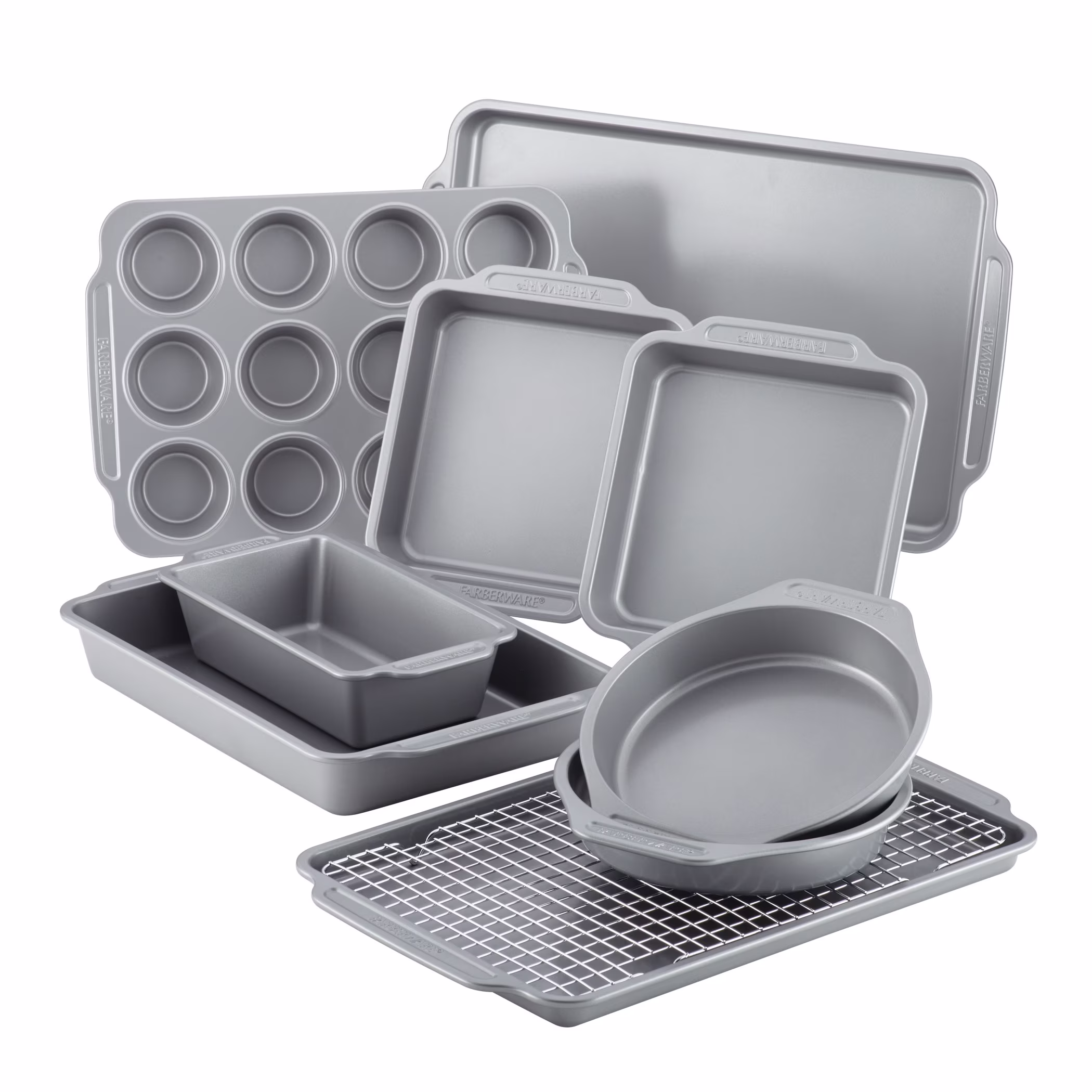 Farberware 10 Pcs Nonstick Bakeware Set with Cooling Rack, Dishwasher Safe and Oven Safe to 450?-F, Gray