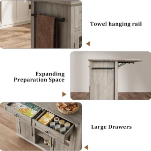 WALYWIK Foldable Kitchen Island Cart with Wheels, 2 Glass Doors, Spice Rack & Towel Holder -C Compact Mobile Storage Cart for Small Kitchens, Dining Rooms, Camping & RVs - Grey