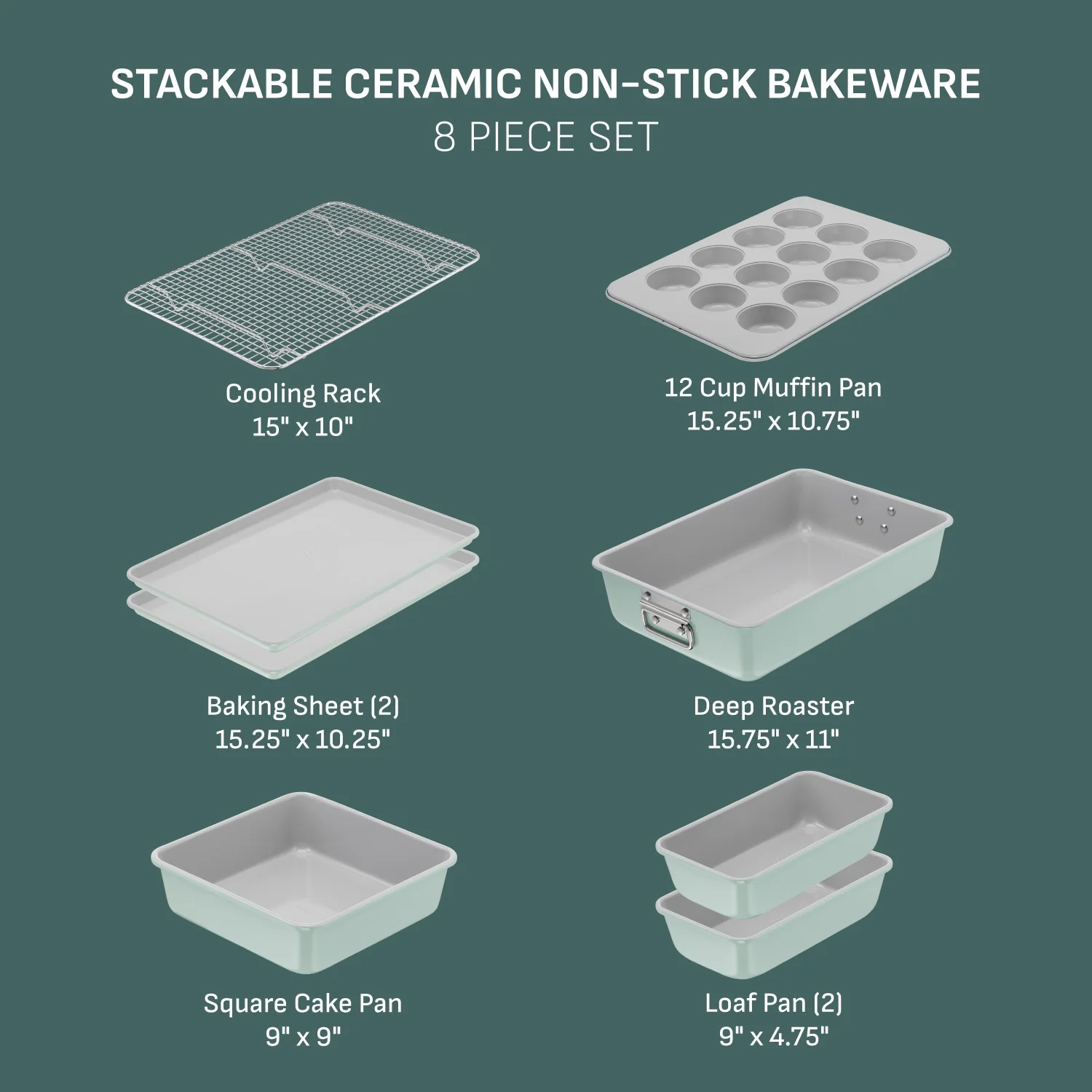T-fal Stackable Ceramic Non-Stick Bakeware, 5 Piece Set, Mint Green