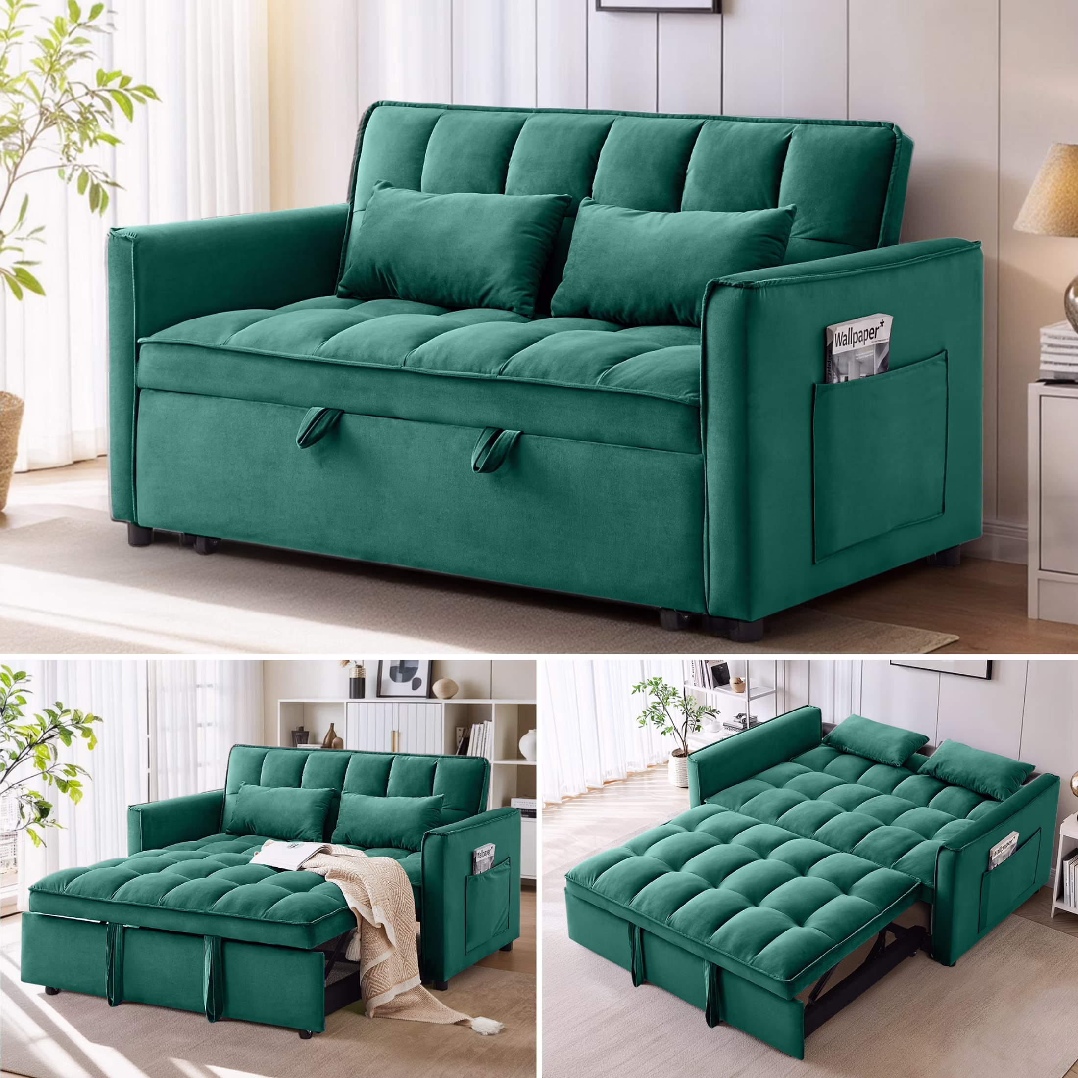 EPOWP Convertible Sofa Bed, 3 in 1 Pull Out Sleeper Loveseat Couch with Storage, Black