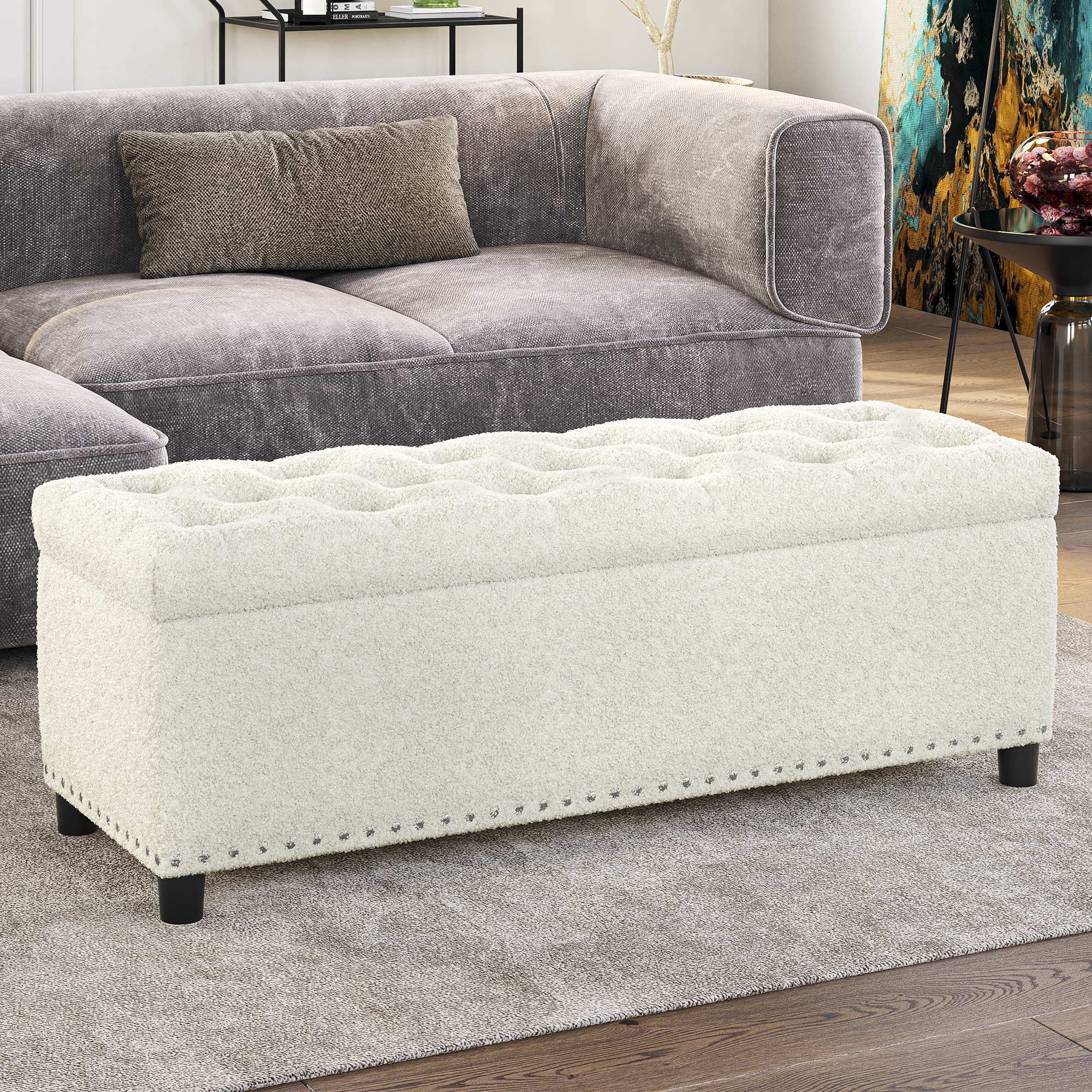 BELLEZE 35 Inch Storage Ottoman, Button-Tufted Ottoman Linen Storage Bench with Safety Close Hinge, Ottoman with Storage for Living Room, Entryway, Hallway, Foot Rest, Support 300lbs - Dark Grey